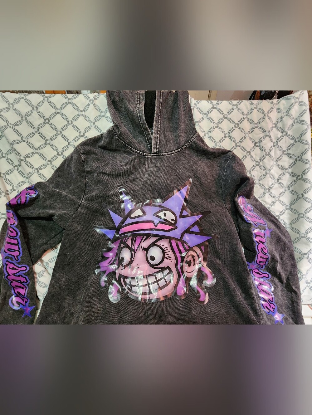 the Romwe Street Life Men's Letter & Cartoon Character Print Drawstring Hoodie,